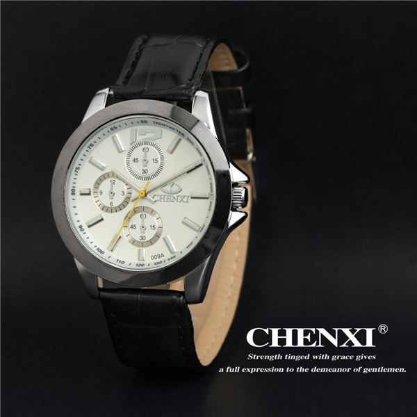 2015 Leather 009A6D Black White Classic Style for Business Man Japan Movt Quartz Watch Stainless Steel Watches Men