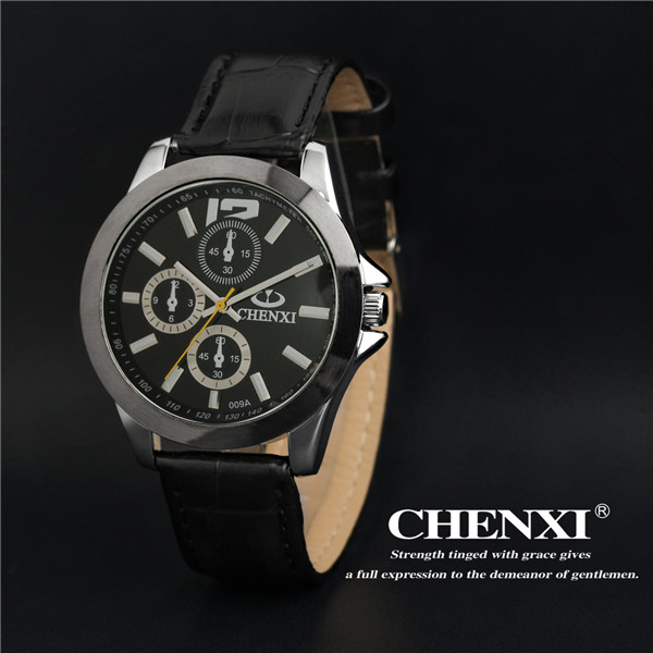 2015 Leather 009A6D Black White Classic Style for Business Man Japan Movt Quartz Watch Stainless Steel Watches Men