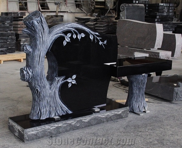 American granite bench monuments with tree for cemetery