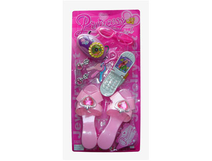 Fashion design beauty set with plastic toy moblie phone,shoes,camera,glass,keychain