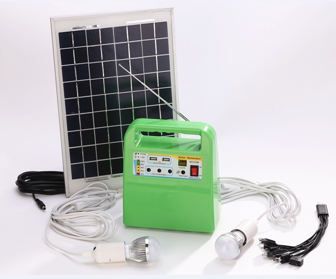 30W portable solar power system with radio, DC12V and USB output for solar home lighting, radio and MP3