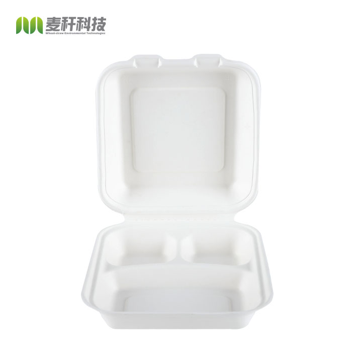 8 inches Biodegradable sugarcane bagasse 3 compartment food container box clamshell