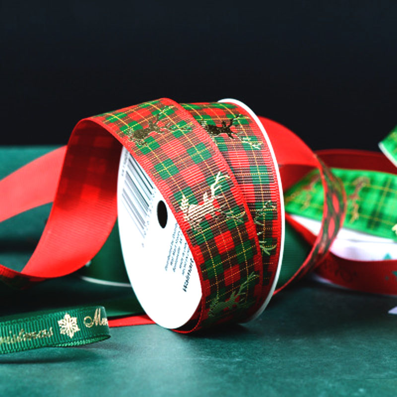 Multi Widths Gold Foil Gift Package Grosgrain Christmas Ribbon For Party Decoration