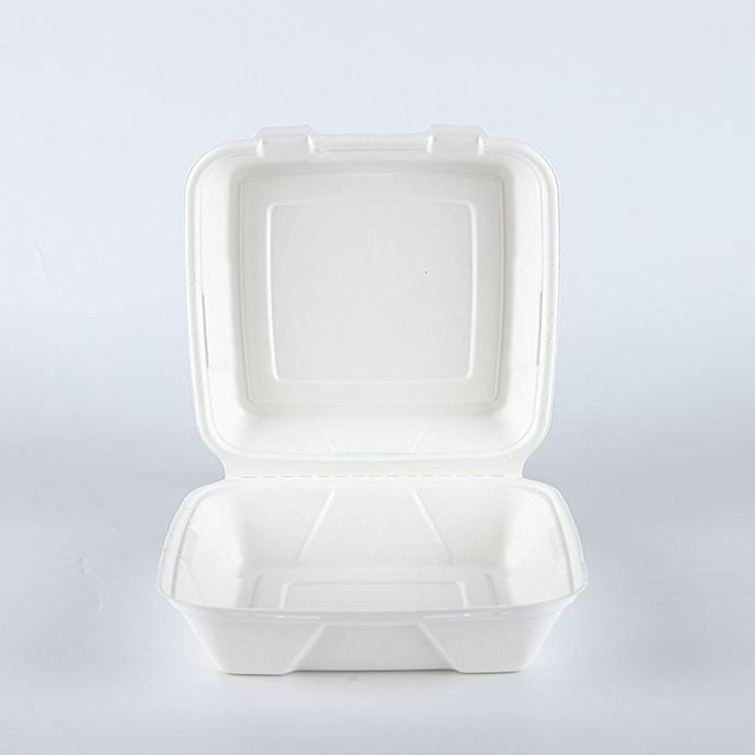 9x9 inches bagasse heavy duty take out lunch box hinged clamshell container