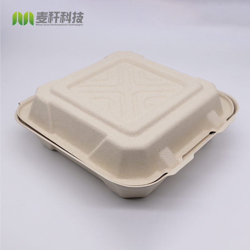 8x8 inches bagasse heavy duty take out lunch box hinged clamshell container