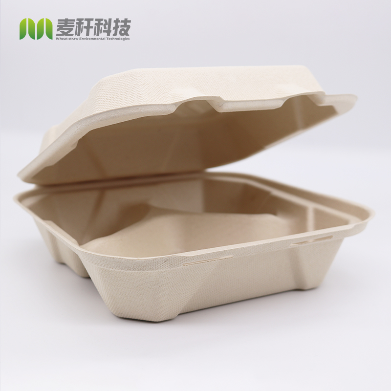 8x8 inches bagasse heavy duty take out lunch box hinged clamshell container