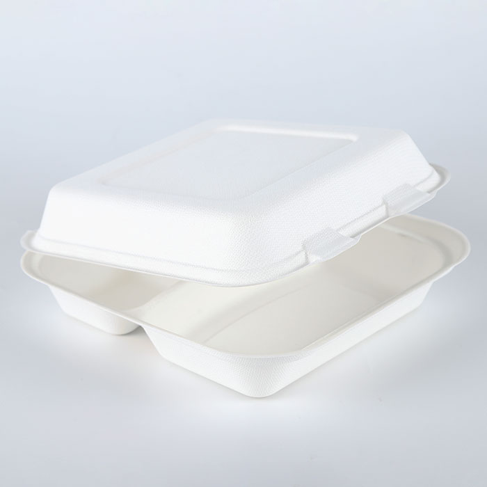 8x8 3 compartment bagasse pulp hinged delivery container box