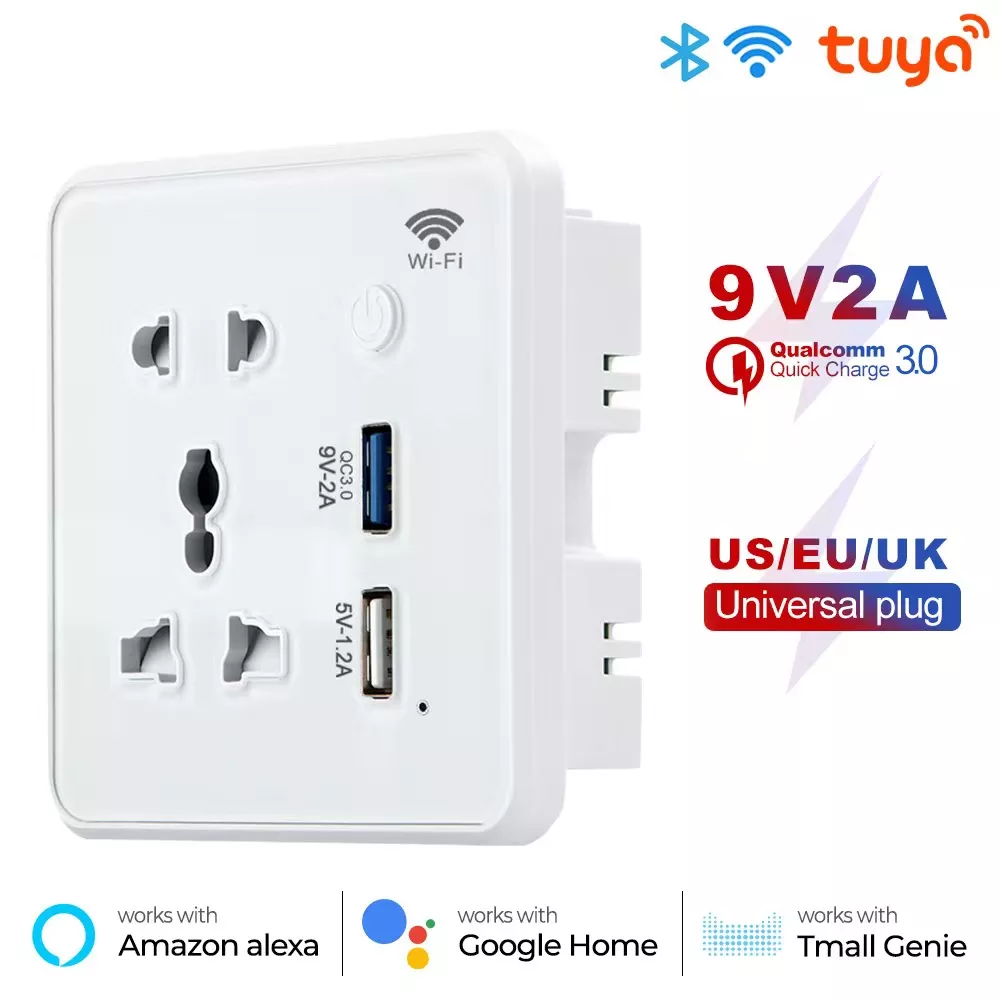 Glomarket Smart Power Home Tuya 13A Outlet Wifi Smart Universal Power Wall Plug With USB Grass Panel Smart Plug Socket