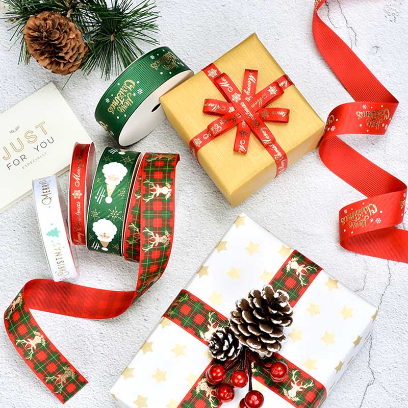 Multi Widths Gold Foil Gift Package Grosgrain Christmas Ribbon For Party Decoration