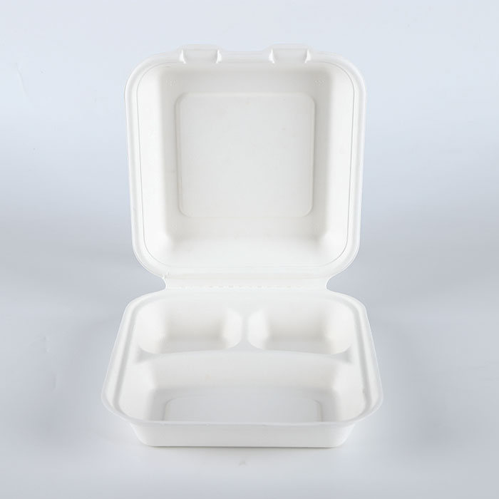 8 inches Biodegradable sugarcane bagasse 3 compartment food container box clamshell