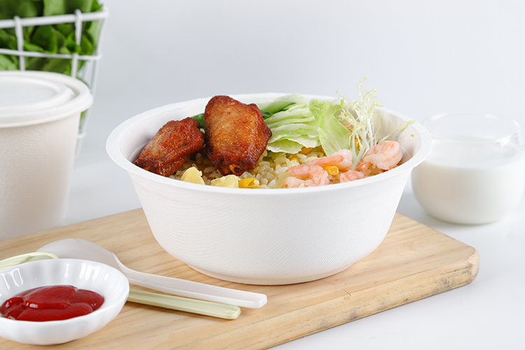 New Large Size Eco-friendly Biodegradable Sugarcane Fiber Bagasse Heavy Duty Food Packaging Soup Noodle Pasta Bowl with Lid HBMG