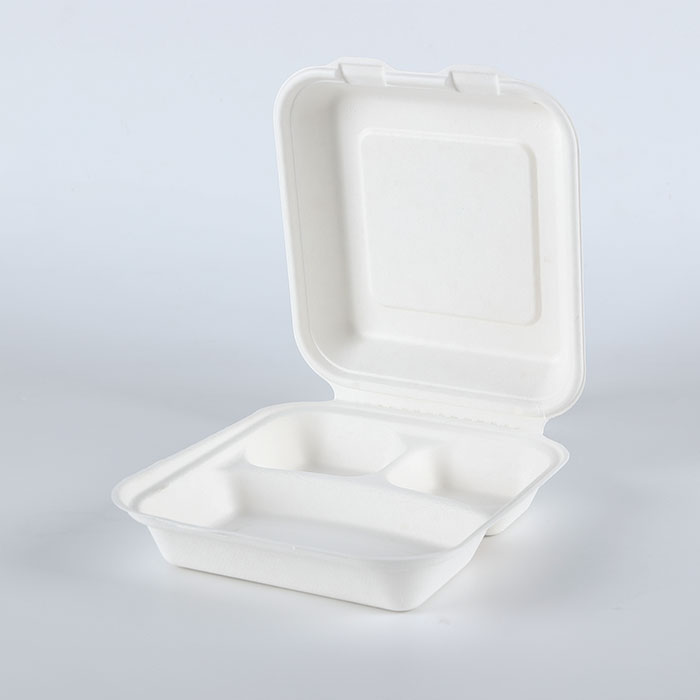 8x8 3 compartment bagasse pulp hinged delivery container box