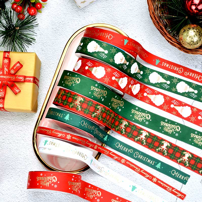 Multi Widths Gold Foil Gift Package Grosgrain Christmas Ribbon For Party Decoration