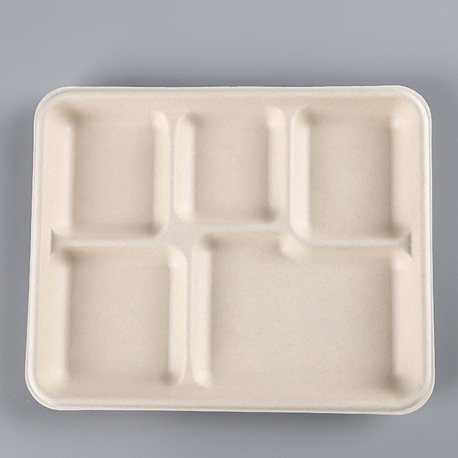 Fiber 5 Section Compartment Tray Bagasse Natural Hot Selling Disposable Plate Dish Rectangle Sugarcan Fiber Food 50000pcs