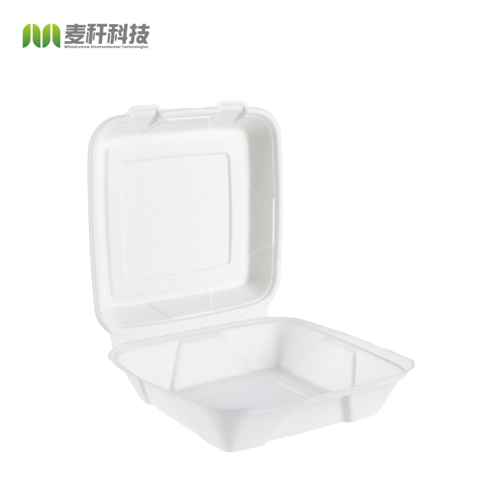 9x9 inches bagasse heavy duty take out lunch box hinged clamshell container
