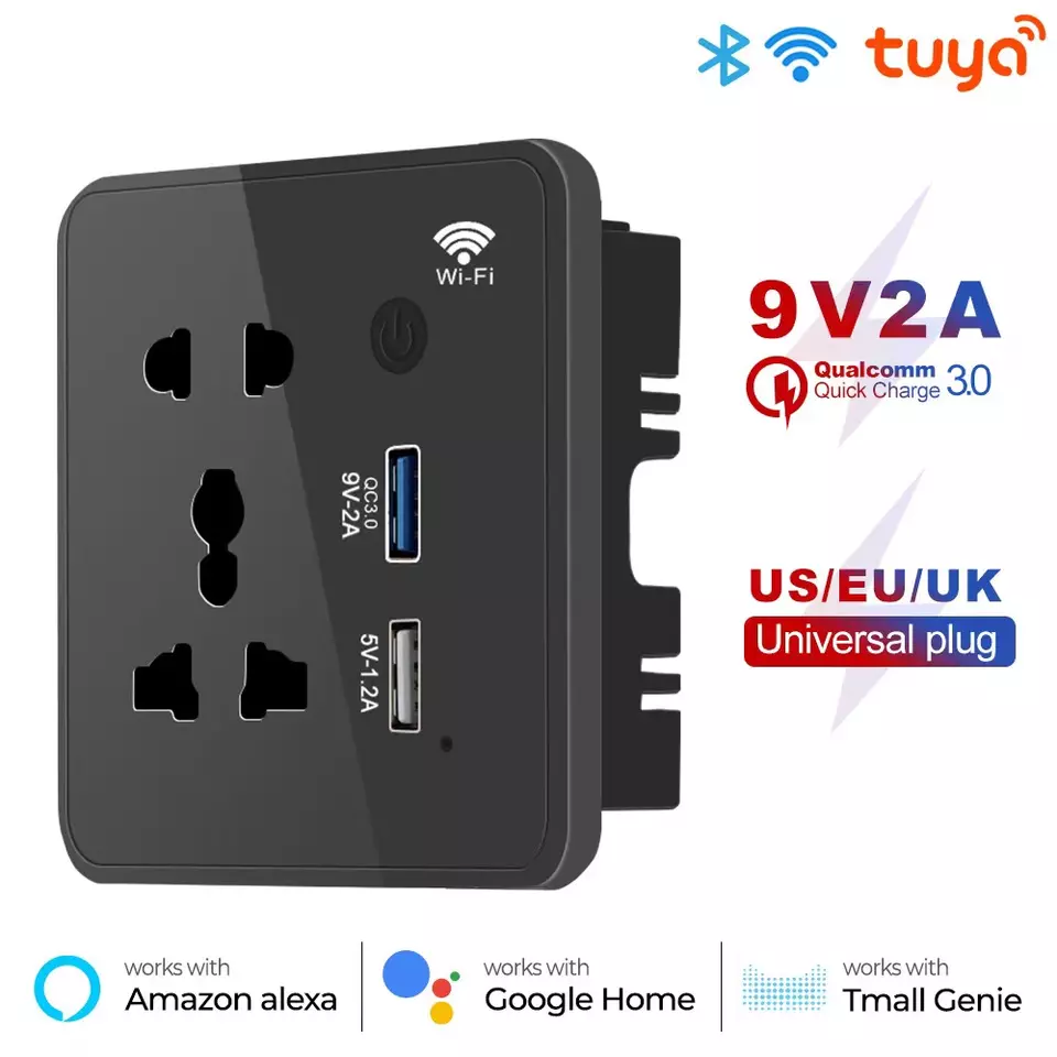 Glomarket Smart Power Home Tuya 13A Outlet Wifi Smart Universal Power Wall Plug With USB Grass Panel Smart Plug Socket