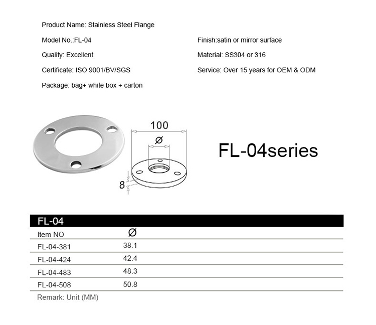 Factory Price SS201 304 Stainless Steel pipe 50.8mm Base Plate Stair Railing Round Tube Flange