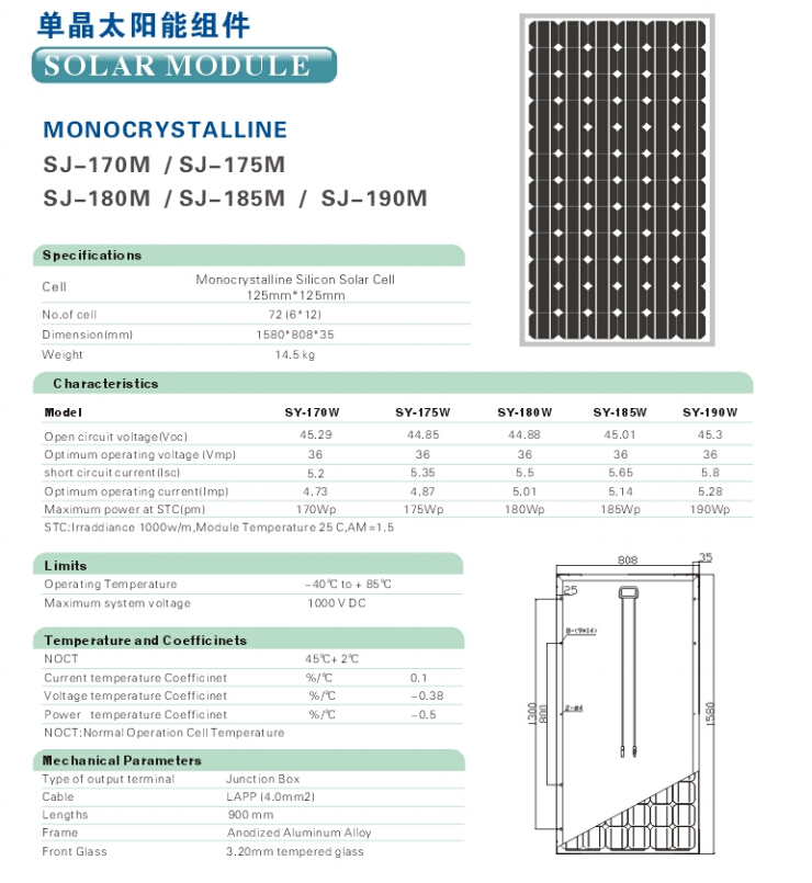 Mono crystall solar panel 170W/180W/190W/200W with CE/TUV certificate factory price