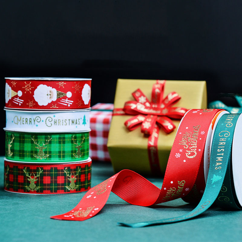Multi Widths Gold Foil Gift Package Grosgrain Christmas Ribbon For Party Decoration