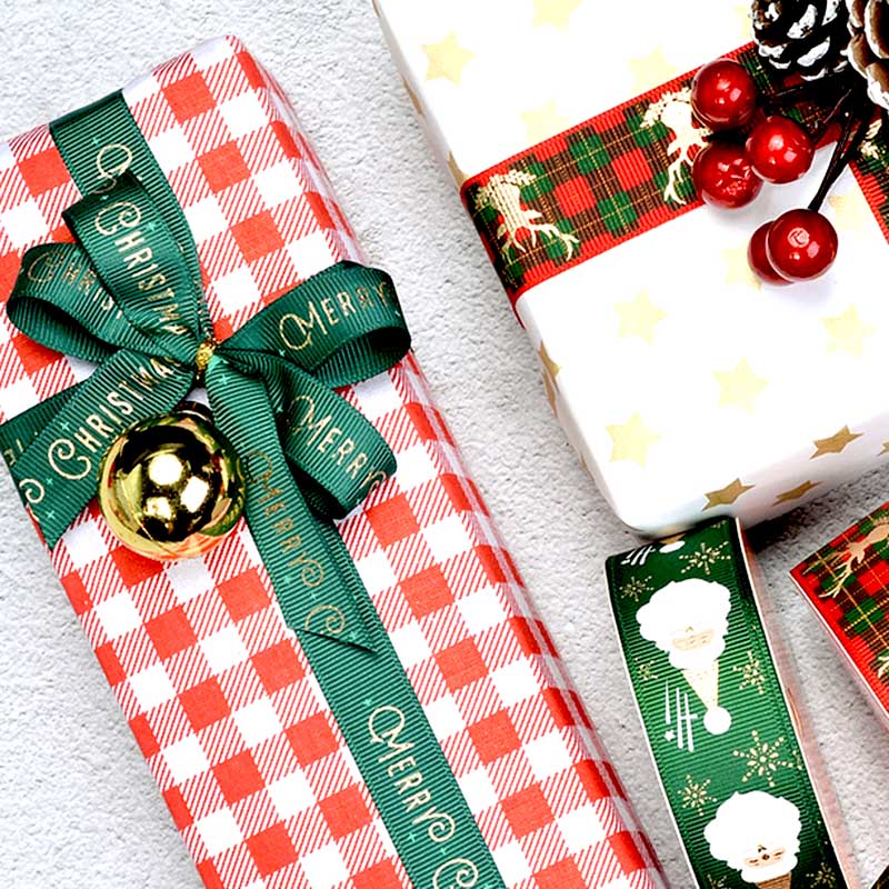 Multi Widths Gold Foil Gift Package Grosgrain Christmas Ribbon For Party Decoration