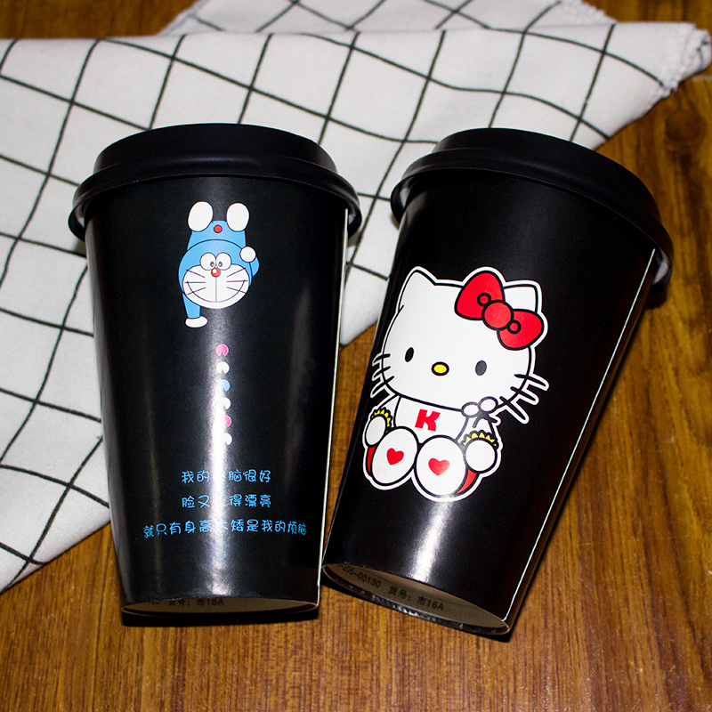 Black cartoon characters coffee paper cup with lids for customer design